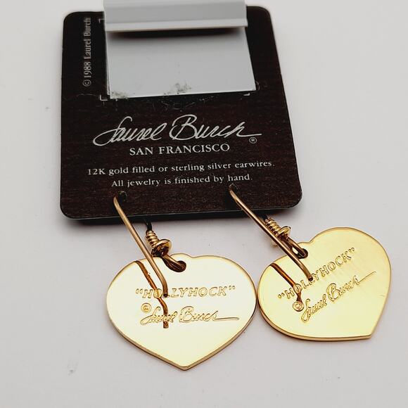 Vintage Laurel Burch Hollyhock Red Enamel Gold Plate 1988 Earrings Original Card - Picture 4 of 10